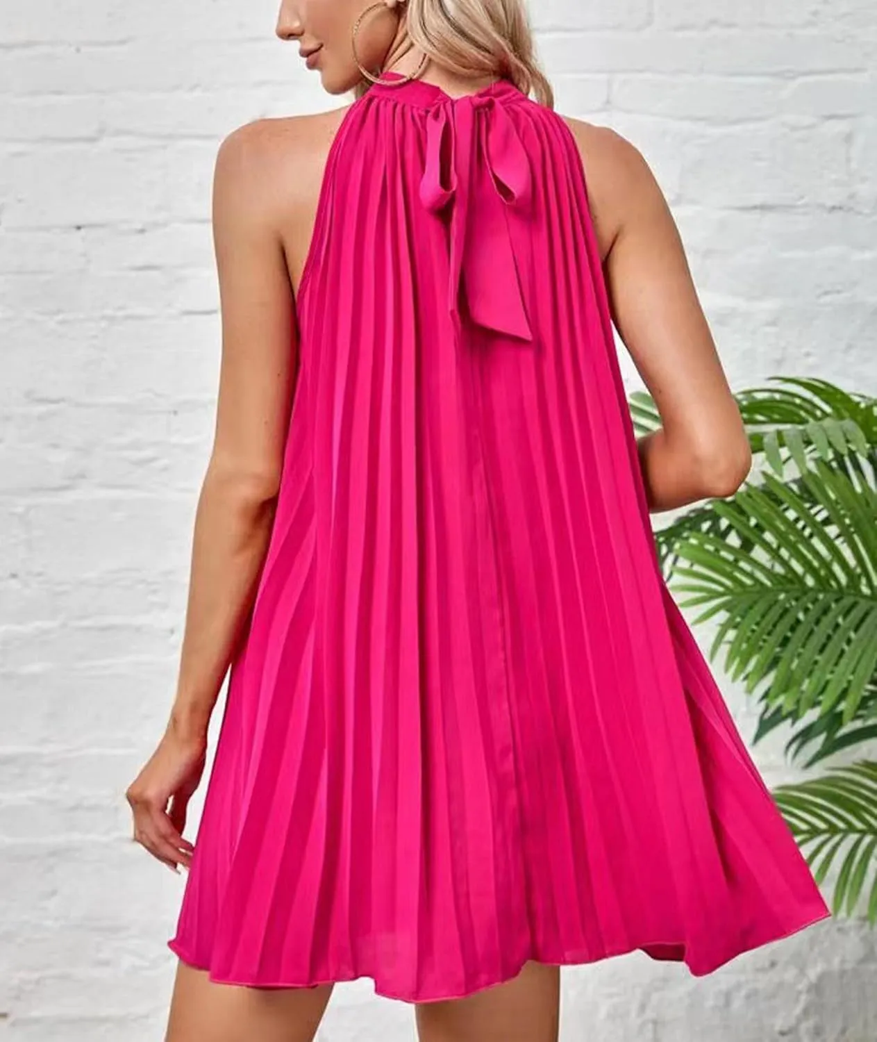 SEMATOMALA Women's Halter Neck Pleated Short Dress Sleeveless Tie Back Swing Mini Dress Casual A Line Flowy Dress