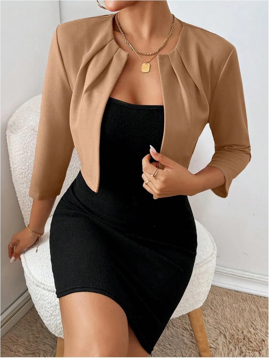 SOLY HUX Women's Blazer Jacket Open Front 3/4 Sleeve Pleated Work Office Cropped Jacket