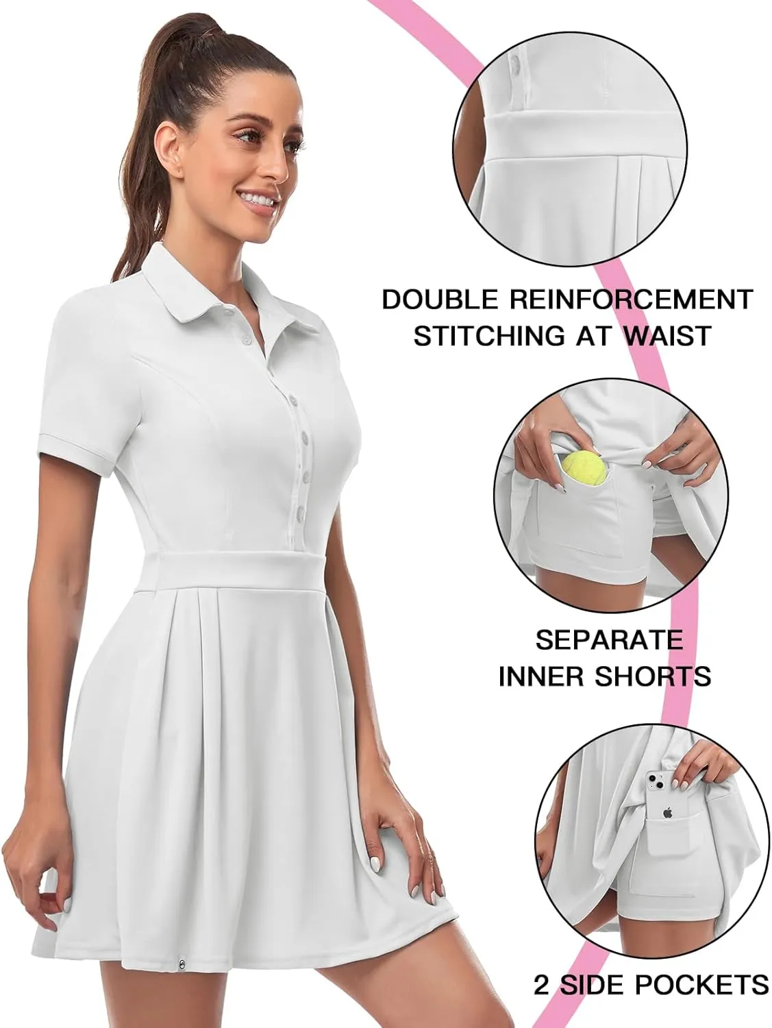 Soneven Women Polo Golf Tennis Dress Built in Shorts Short Sleeve Workout Athletic Pleated Dresses with Pockets