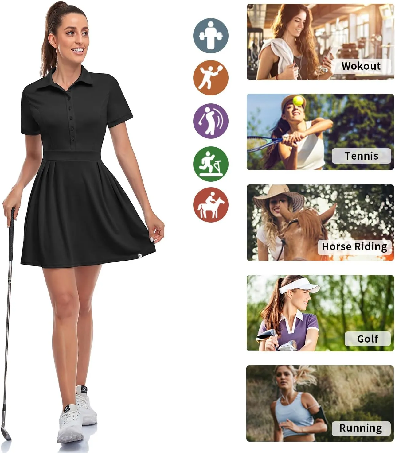 Soneven Women Polo Golf Tennis Dress Built in Shorts Short Sleeve Workout Athletic Pleated Dresses with Pockets