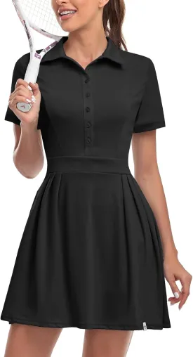 Soneven Women Polo Golf Tennis Dress Built in Shorts Short Sleeve Workout Athletic Pleated Dresses with Pockets