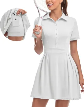 Soneven Women Polo Golf Tennis Dress Built in Shorts Short Sleeve Workout Athletic Pleated Dresses with Pockets