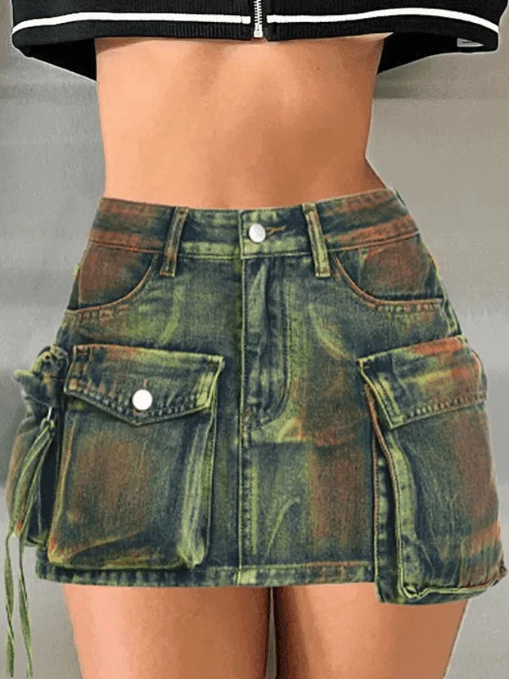 Street Asymmetric Pocket Denim Skirt