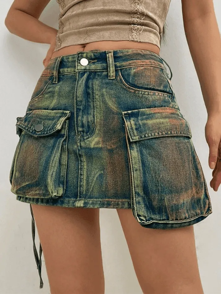 Street Asymmetric Pocket Denim Skirt