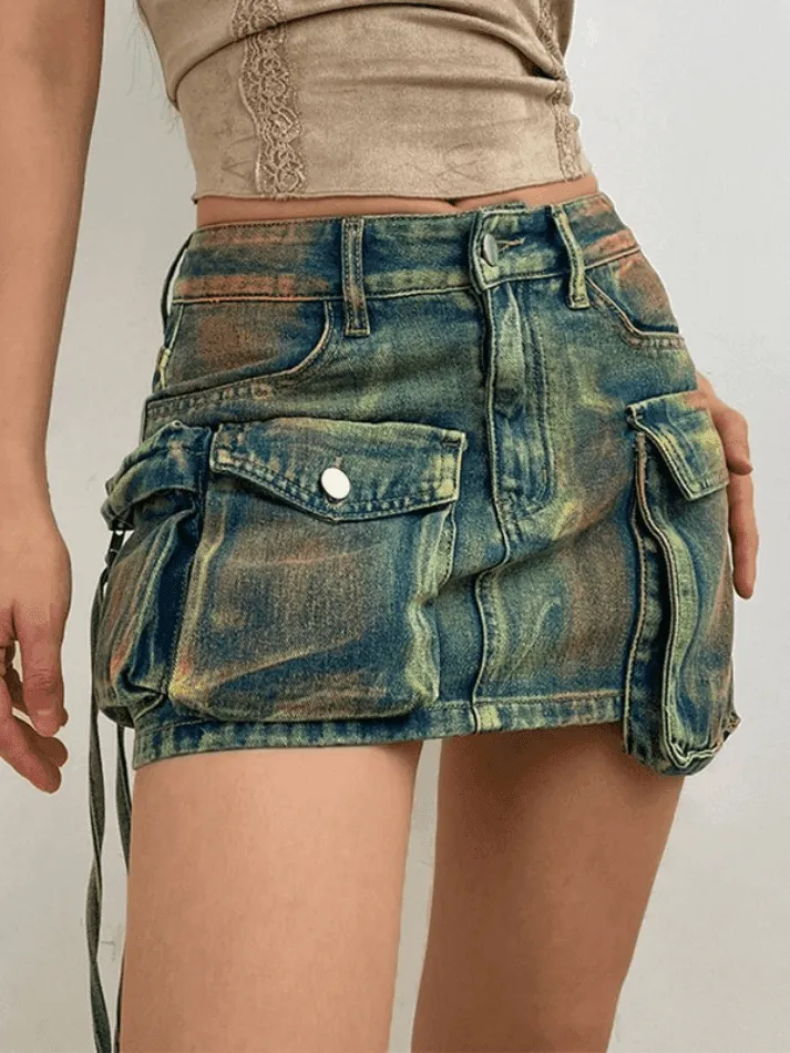 Street Asymmetric Pocket Denim Skirt