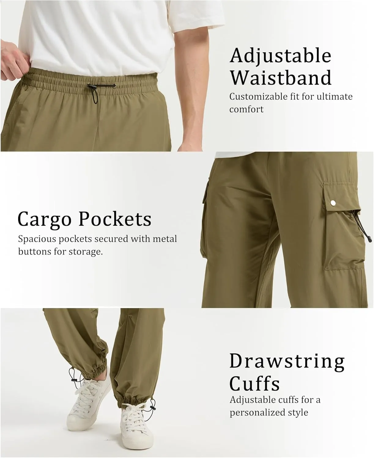 Susclude Parachute Cargo Pants for Men Loose Fit Baggy Sweatpants Casual Pant with Pocket Outdoor Drawstring Trousers 2025