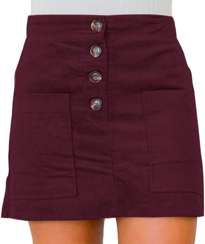 Susupeng Women High Waist Soft Faux Suede Button Down Skirt Slim Back Zip Side Pocket Mini Skirts
