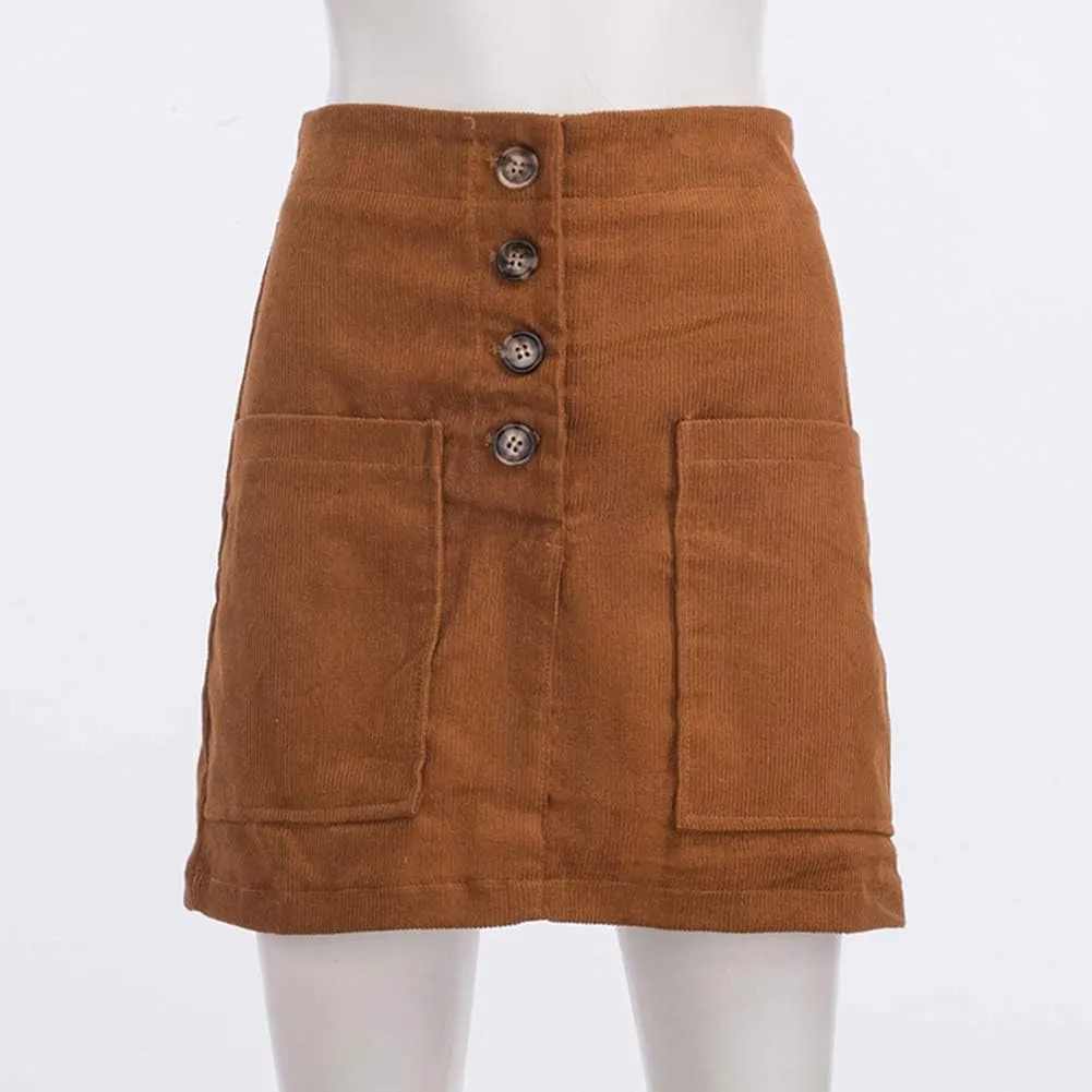 Susupeng Women High Waist Soft Faux Suede Button Down Skirt Slim Back Zip Side Pocket Mini Skirts