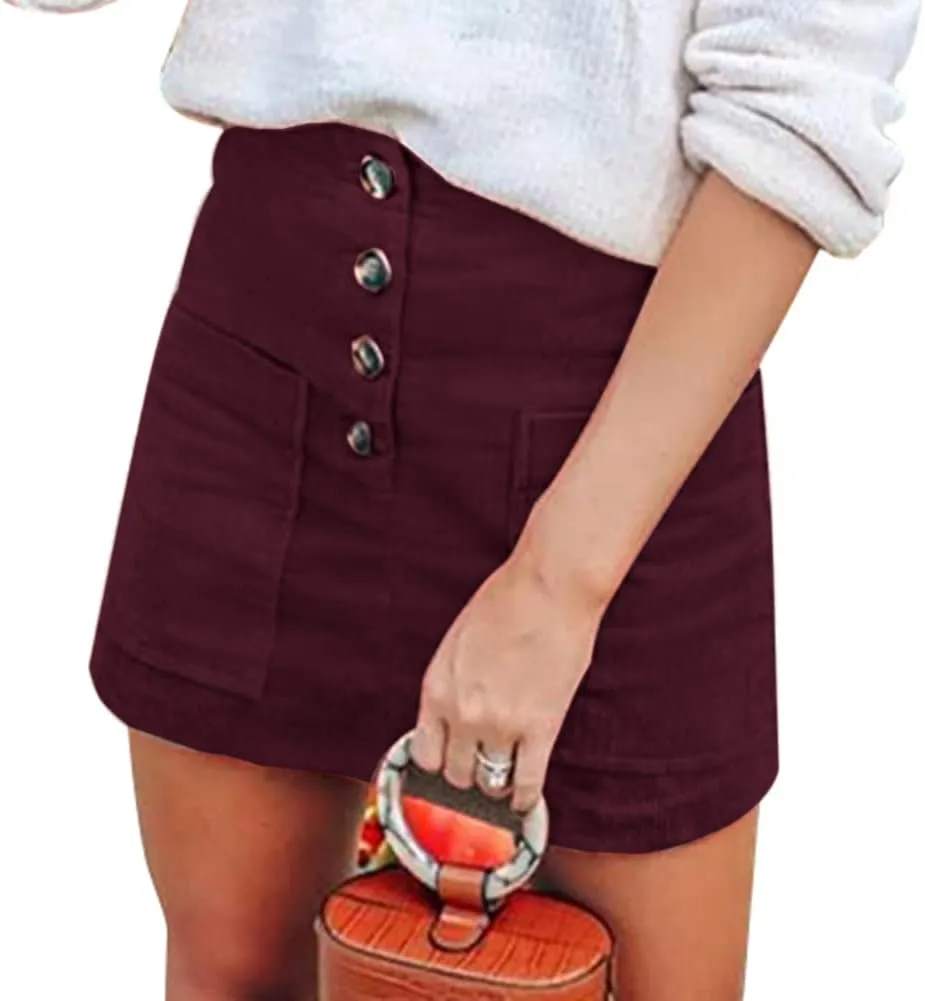 Susupeng Women High Waist Soft Faux Suede Button Down Skirt Slim Back Zip Side Pocket Mini Skirts