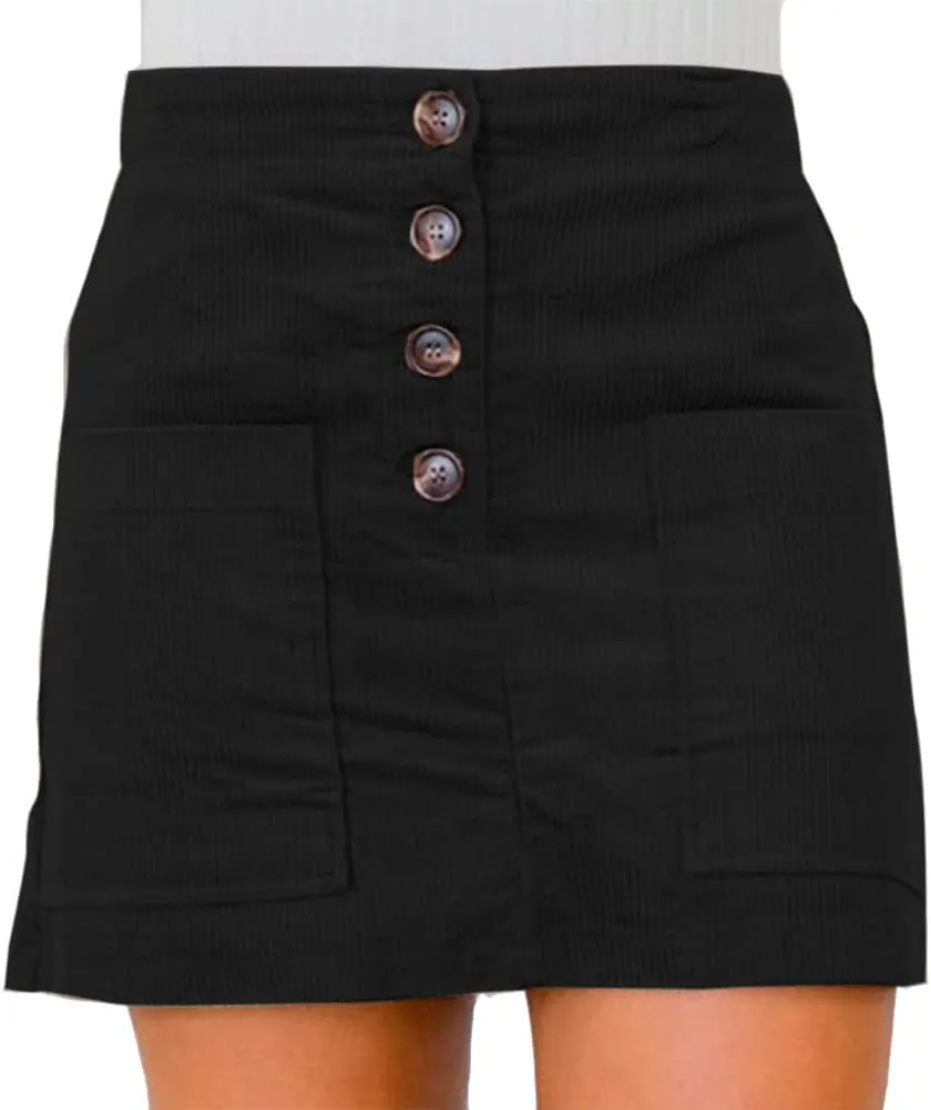 Susupeng Women High Waist Soft Faux Suede Button Down Skirt Slim Back Zip Side Pocket Mini Skirts