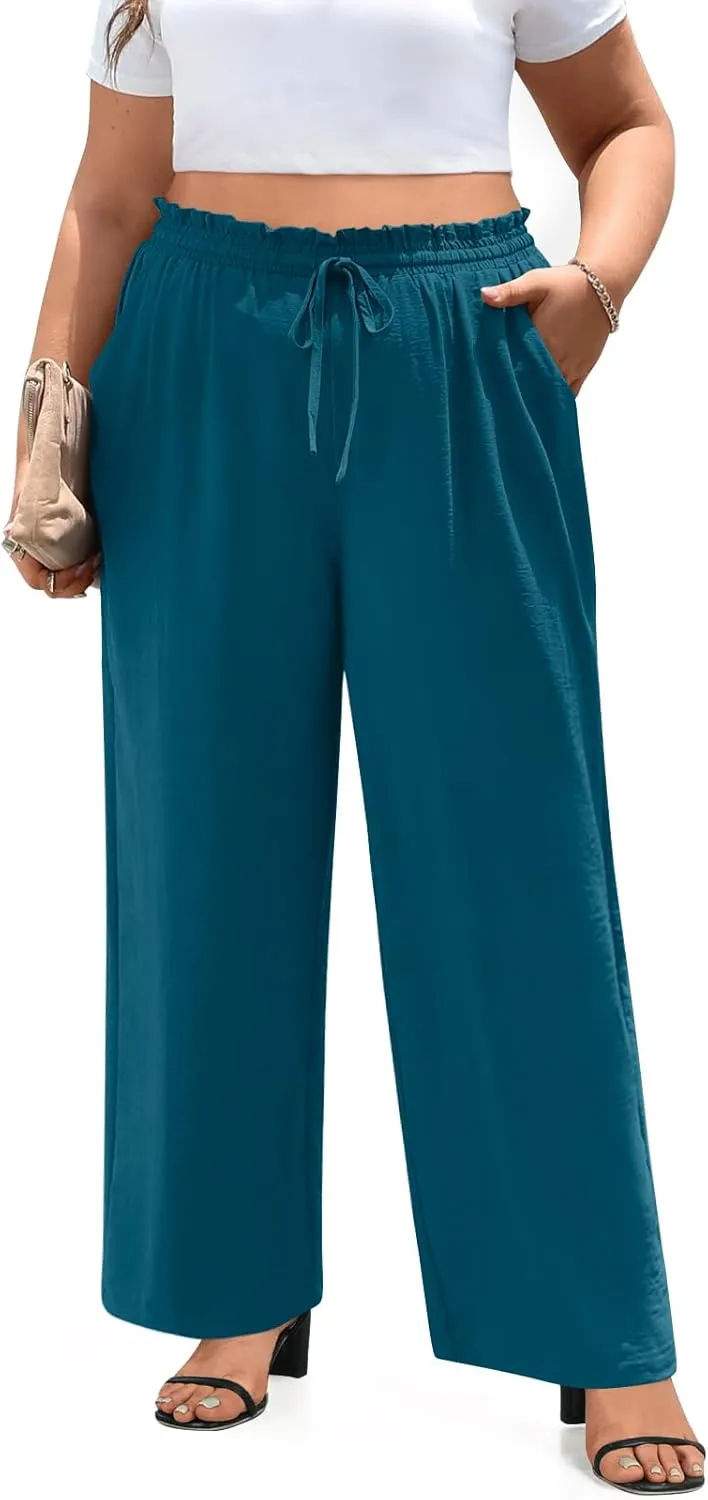 syoss Women's Plus Size Pants High Waist Adjustable Knot Lounge Pants Straight Long Trousers with Pockets