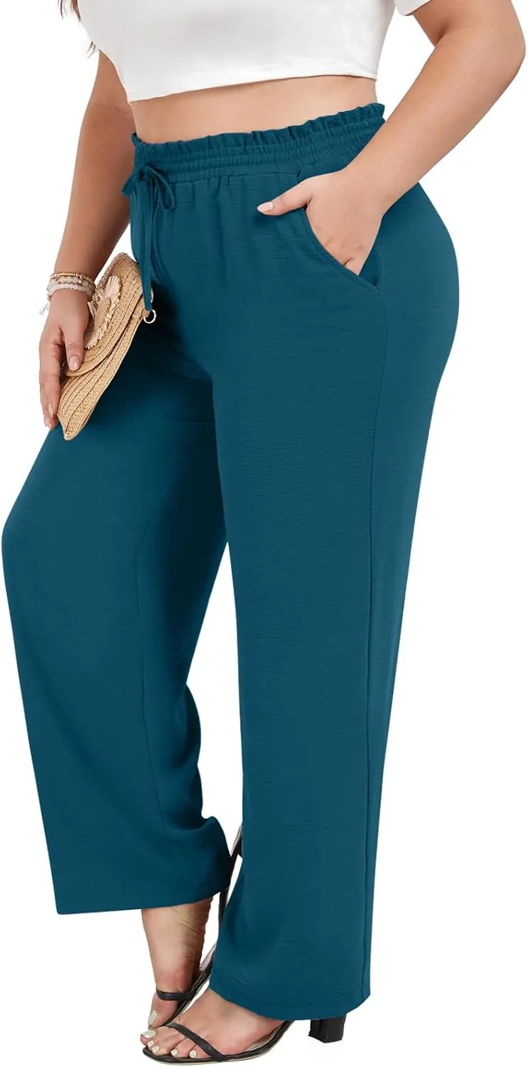 syoss Women's Plus Size Pants High Waist Adjustable Knot Lounge Pants Straight Long Trousers with Pockets
