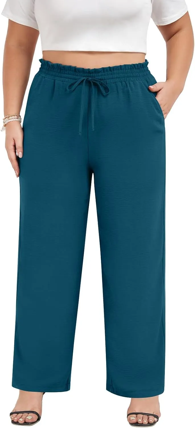 syoss Women's Plus Size Pants High Waist Adjustable Knot Lounge Pants Straight Long Trousers with Pockets