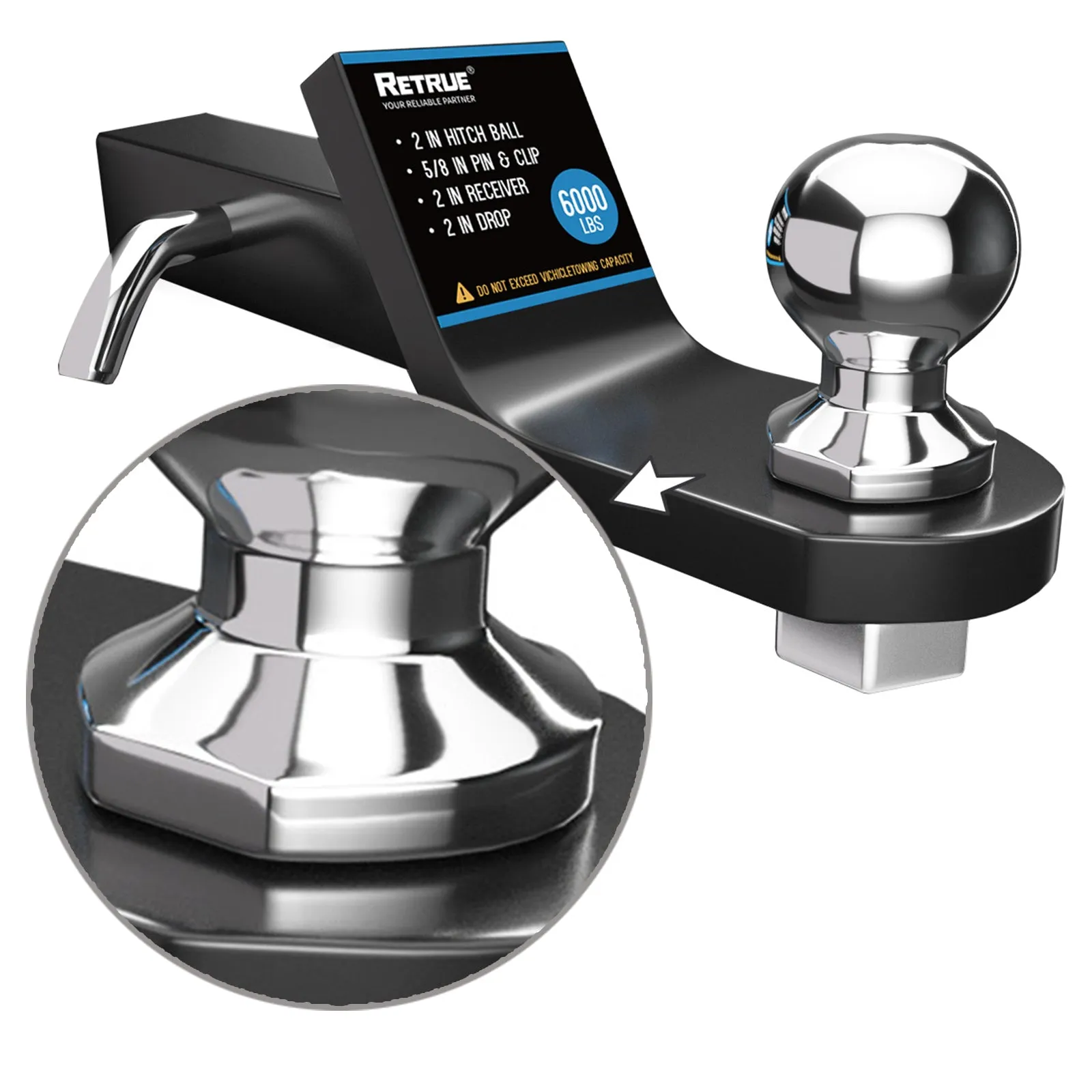 Trailer Hitch Mount w/ 2" Ball, Fit 2" Receiver, 6000lb, 2" Drop Towing Ball Kit