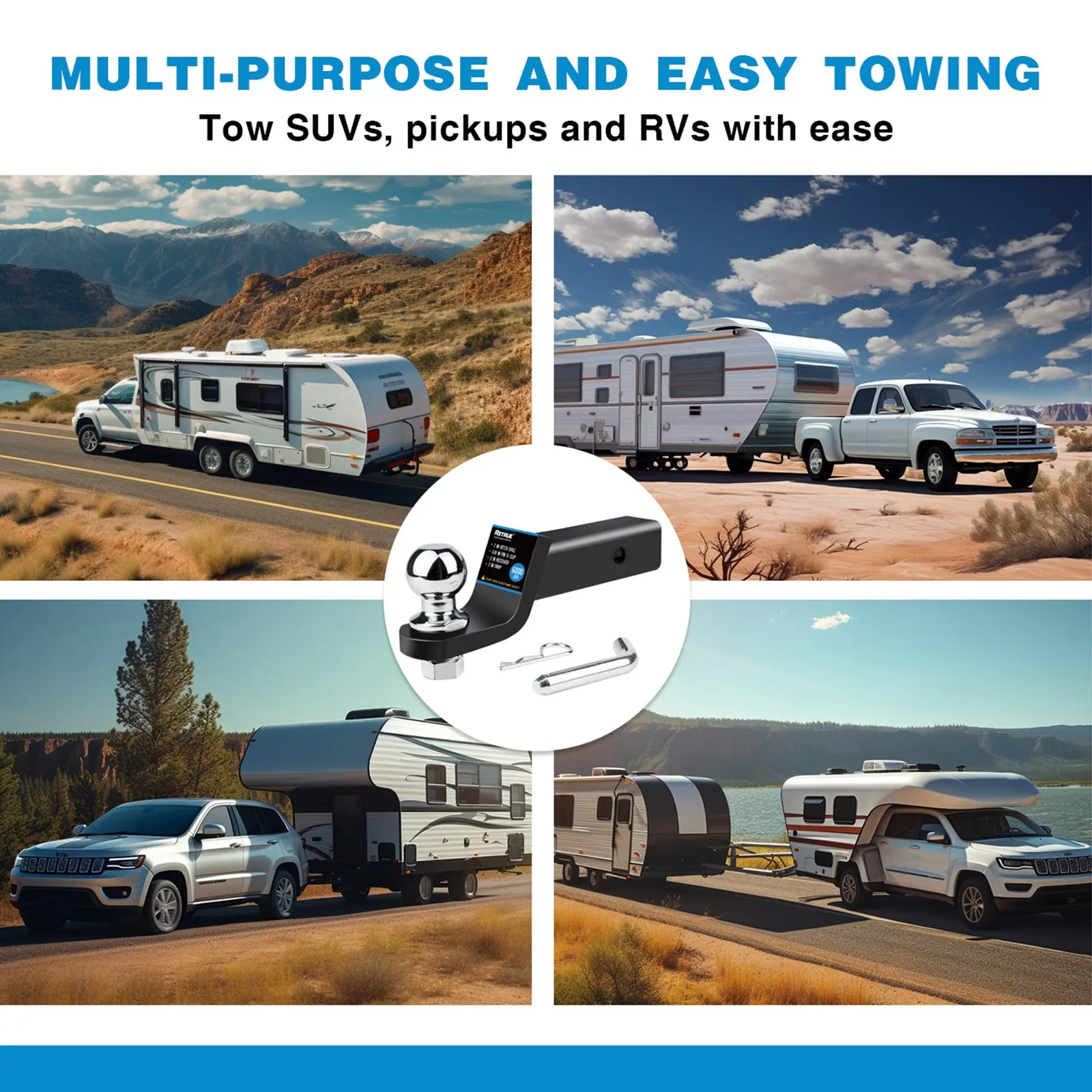Trailer Hitch Mount w/ 2" Ball, Fit 2" Receiver, 6000lb, 2" Drop Towing Ball Kit