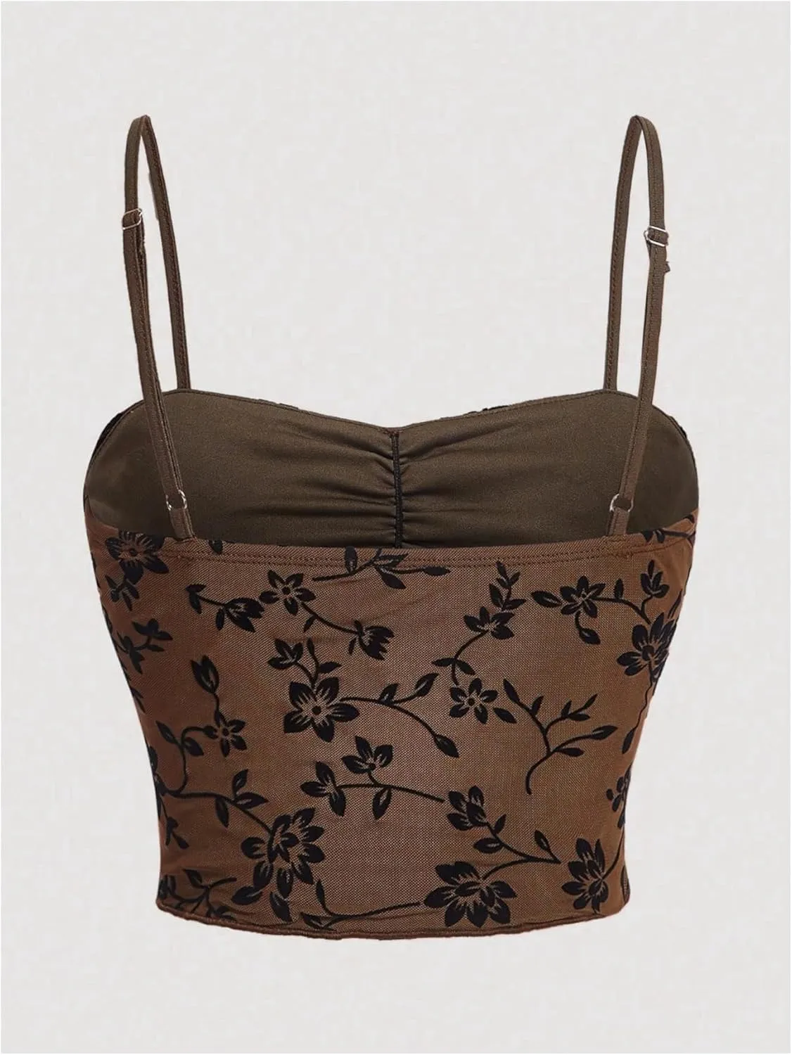 Verdusa Women's Ruched Floral Mesh Crop Cami Top Sleeveless Slim Fit Going Out Tops