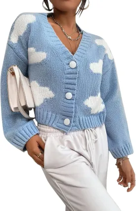 WDIRARA Women's Long Sleeve Button Front V Neck Casual Crop Cardigan Sweater