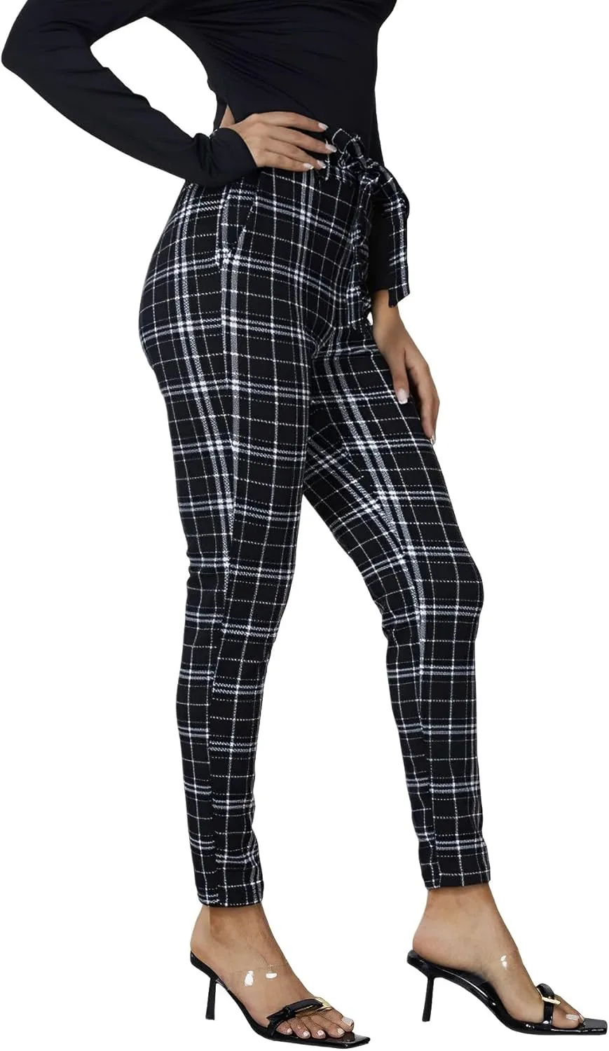 WDIRARA Women's Stretchy Plaid Print Pants Soft Skinny Regular Fashion Leggings