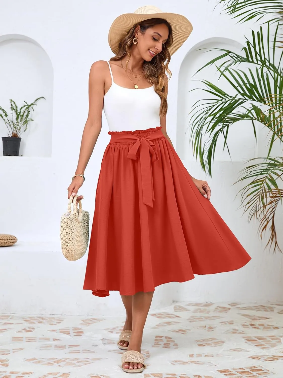 Women's Elastic High Waist Pleated A-Line Midi Skirts with Adjustable Tie Belt Side Pockets