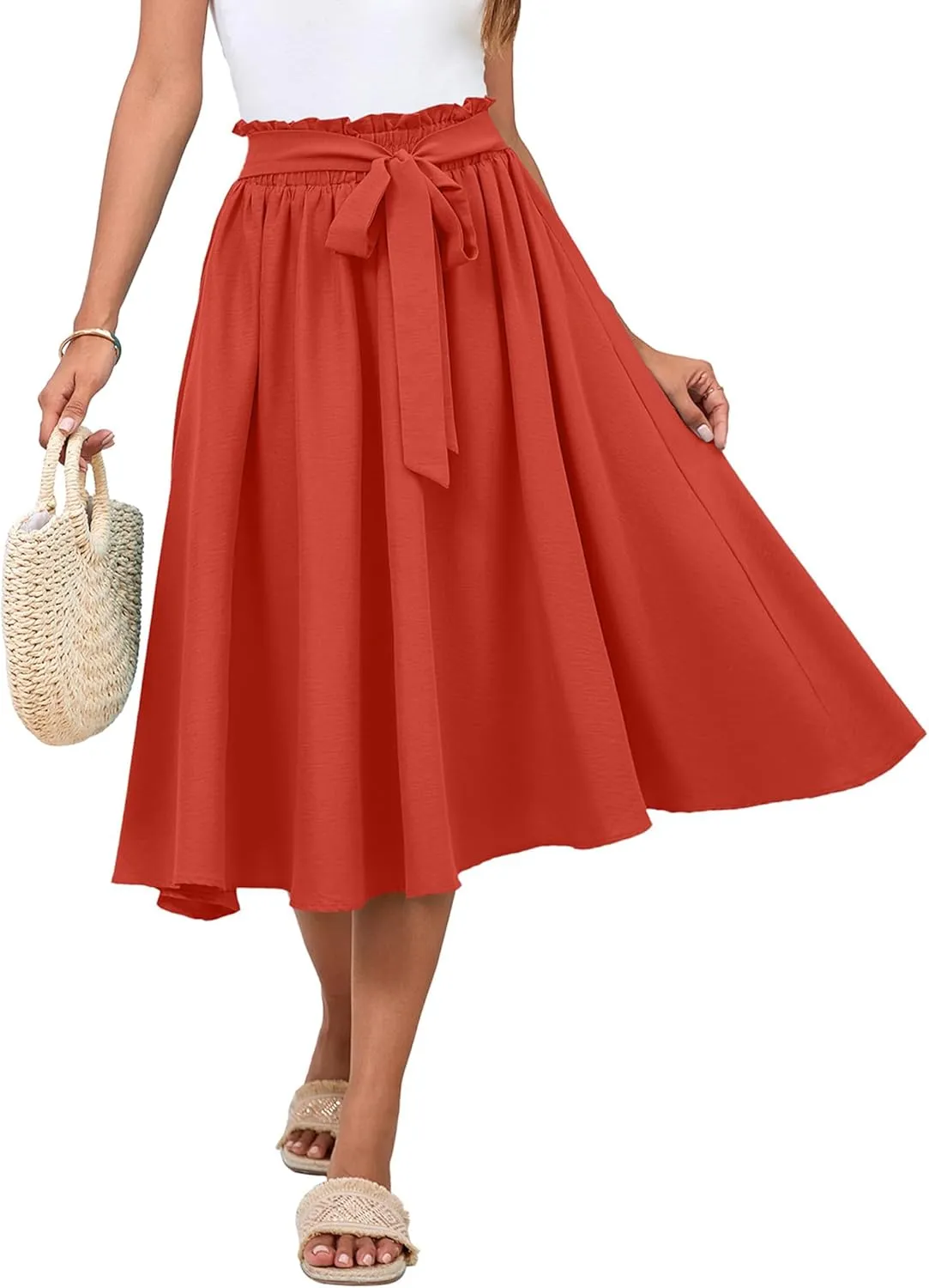 Women's Elastic High Waist Pleated A-Line Midi Skirts with Adjustable Tie Belt Side Pockets
