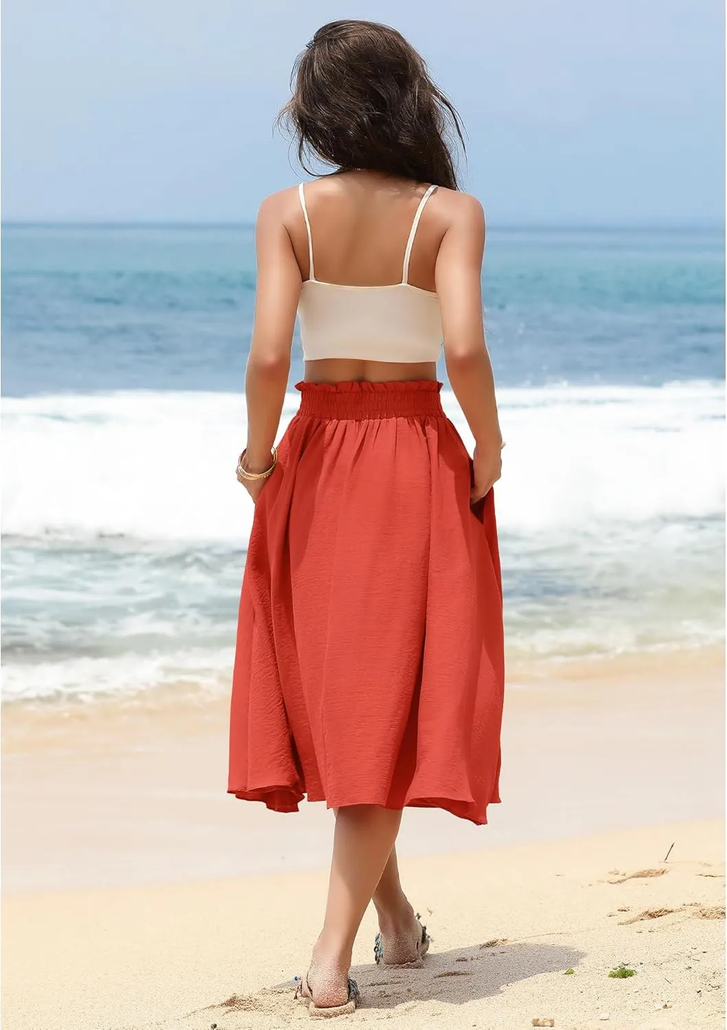 Women's Elastic High Waist Pleated A-Line Midi Skirts with Adjustable Tie Belt Side Pockets