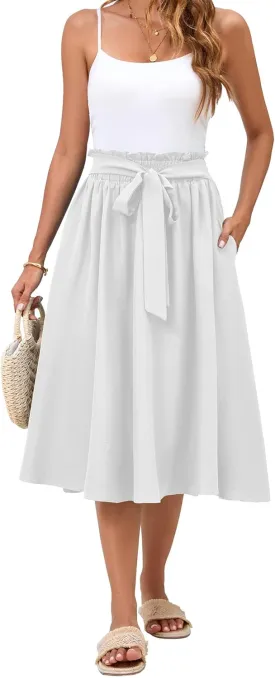 Women's Elastic High Waist Pleated A-Line Midi Skirts with Adjustable Tie Belt Side Pockets
