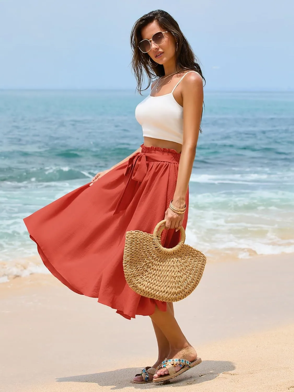 Women's Elastic High Waist Pleated A-Line Midi Skirts with Adjustable Tie Belt Side Pockets