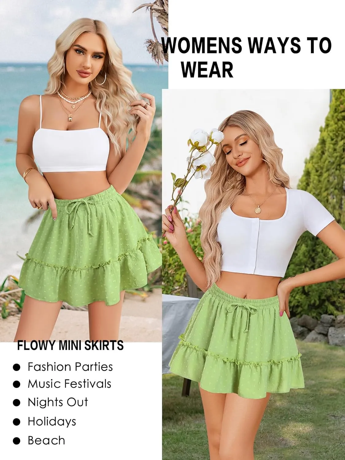 Women's High Waist Ruffle Mini Skirt Built in Shorts A Line Flowy Boho Skirt with Pockets