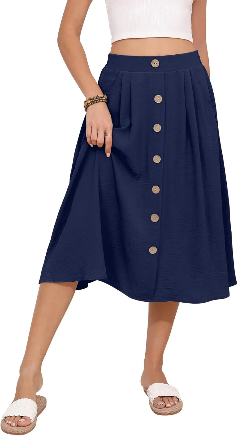 Women's Midi Skirt Summer Flowy High Waisted Casual Button Front Skirts with Pockets