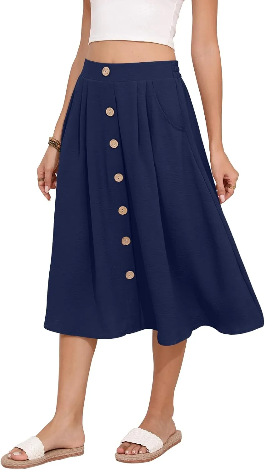 Women's Midi Skirt Summer Flowy High Waisted Casual Button Front Skirts with Pockets