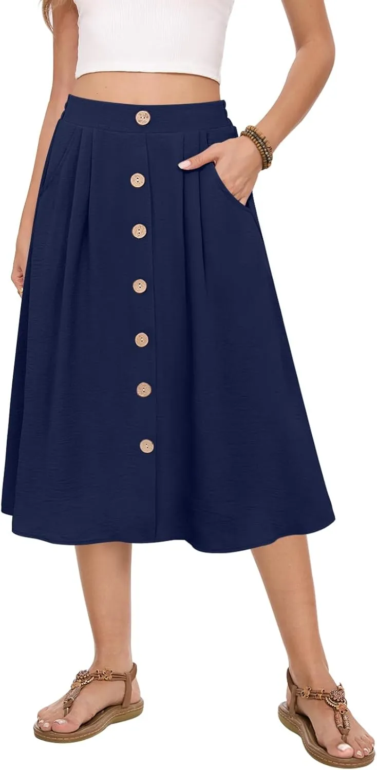 Women's Midi Skirt Summer Flowy High Waisted Casual Button Front Skirts with Pockets