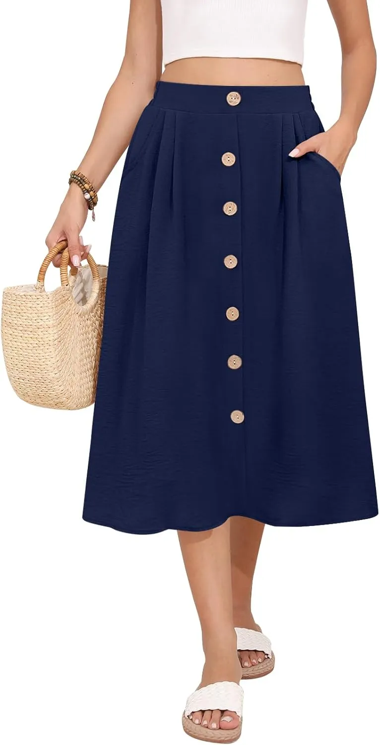 Women's Midi Skirt Summer Flowy High Waisted Casual Button Front Skirts with Pockets