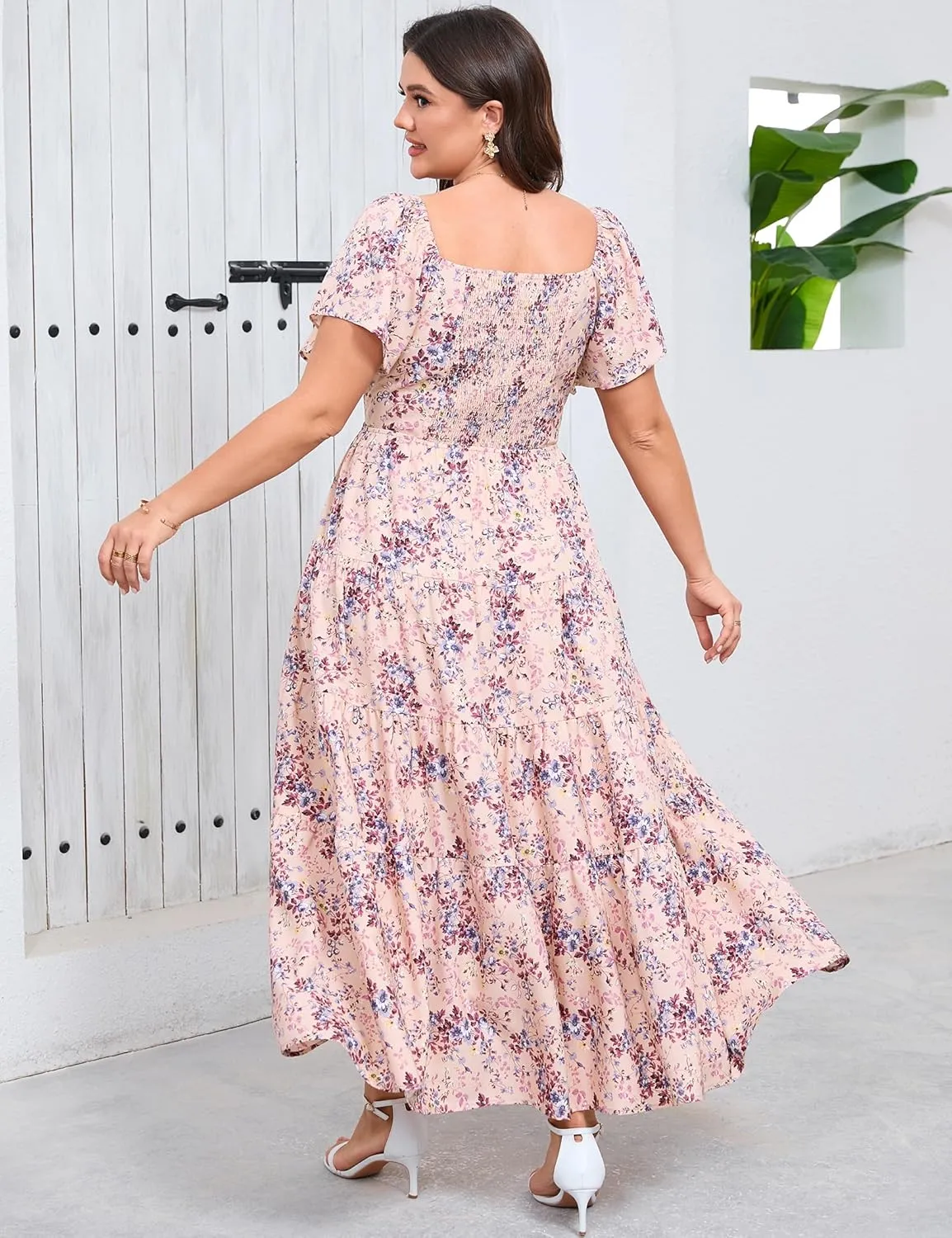 Women's Plus Size Summer Dresses Sweetheart Neck Ruffle Short Sleeve Casual Boho Floral Pleated Long Dress