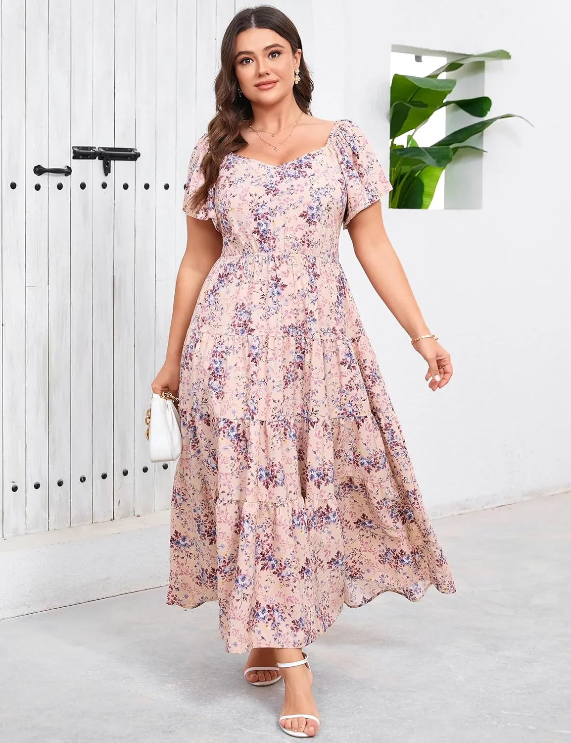 Women's Plus Size Summer Dresses Sweetheart Neck Ruffle Short Sleeve Casual Boho Floral Pleated Long Dress