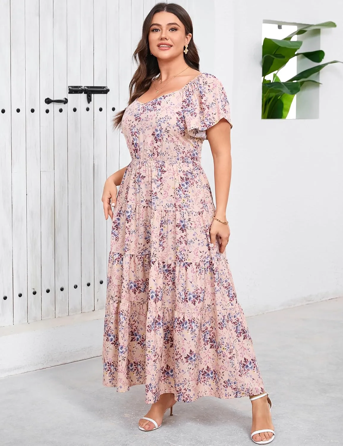 Women's Plus Size Summer Dresses Sweetheart Neck Ruffle Short Sleeve Casual Boho Floral Pleated Long Dress