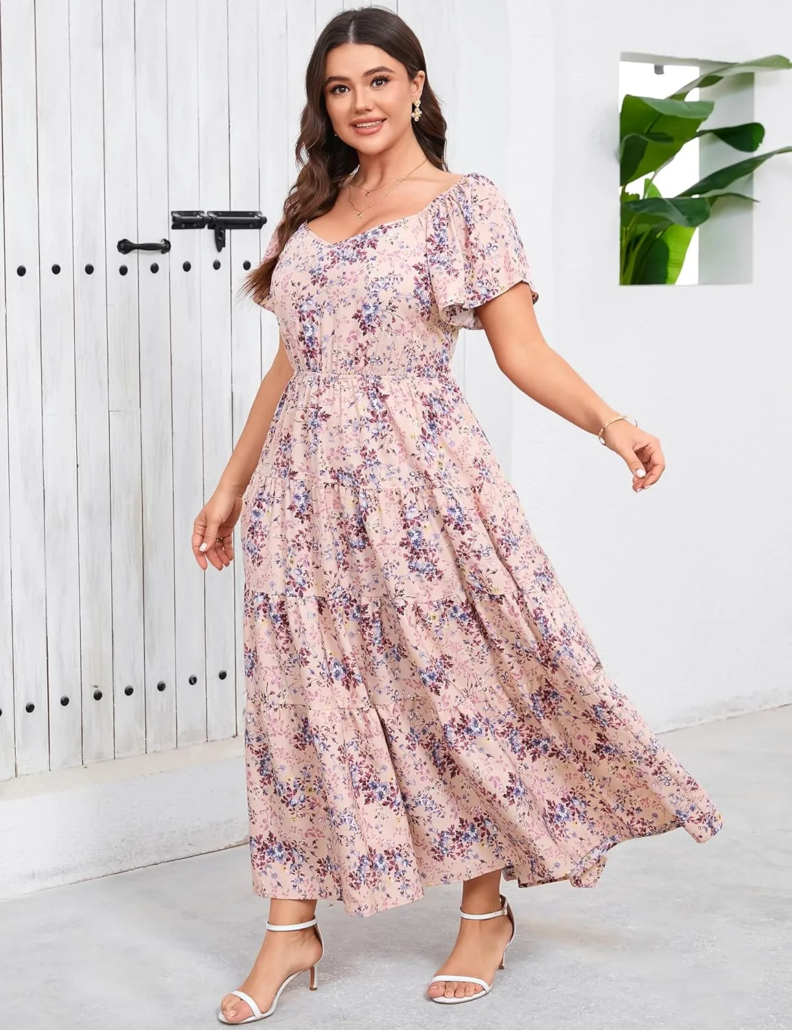 Women's Plus Size Summer Dresses Sweetheart Neck Ruffle Short Sleeve Casual Boho Floral Pleated Long Dress