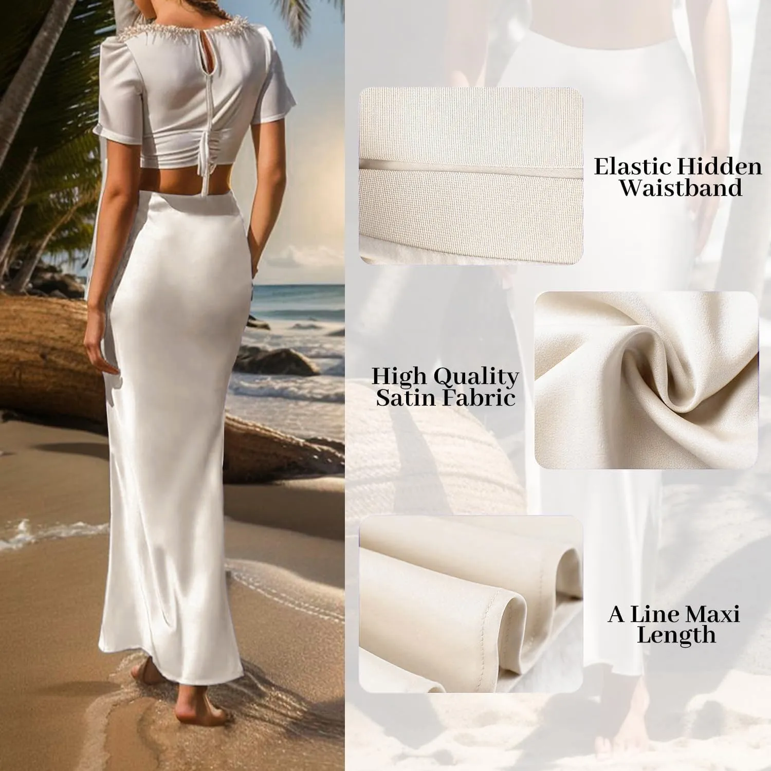 Women's Satin High Waisted Maxi Skirts Hidden Elasticized Waistband A Line Long Skirt