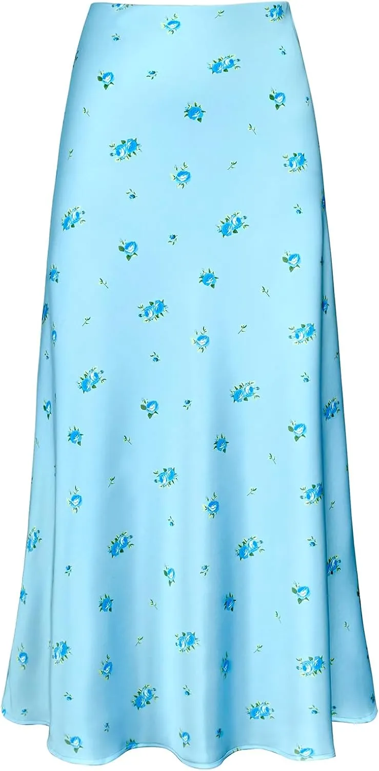 Women's Satin High Waisted Maxi Skirts Hidden Elasticized Waistband A Line Long Skirt