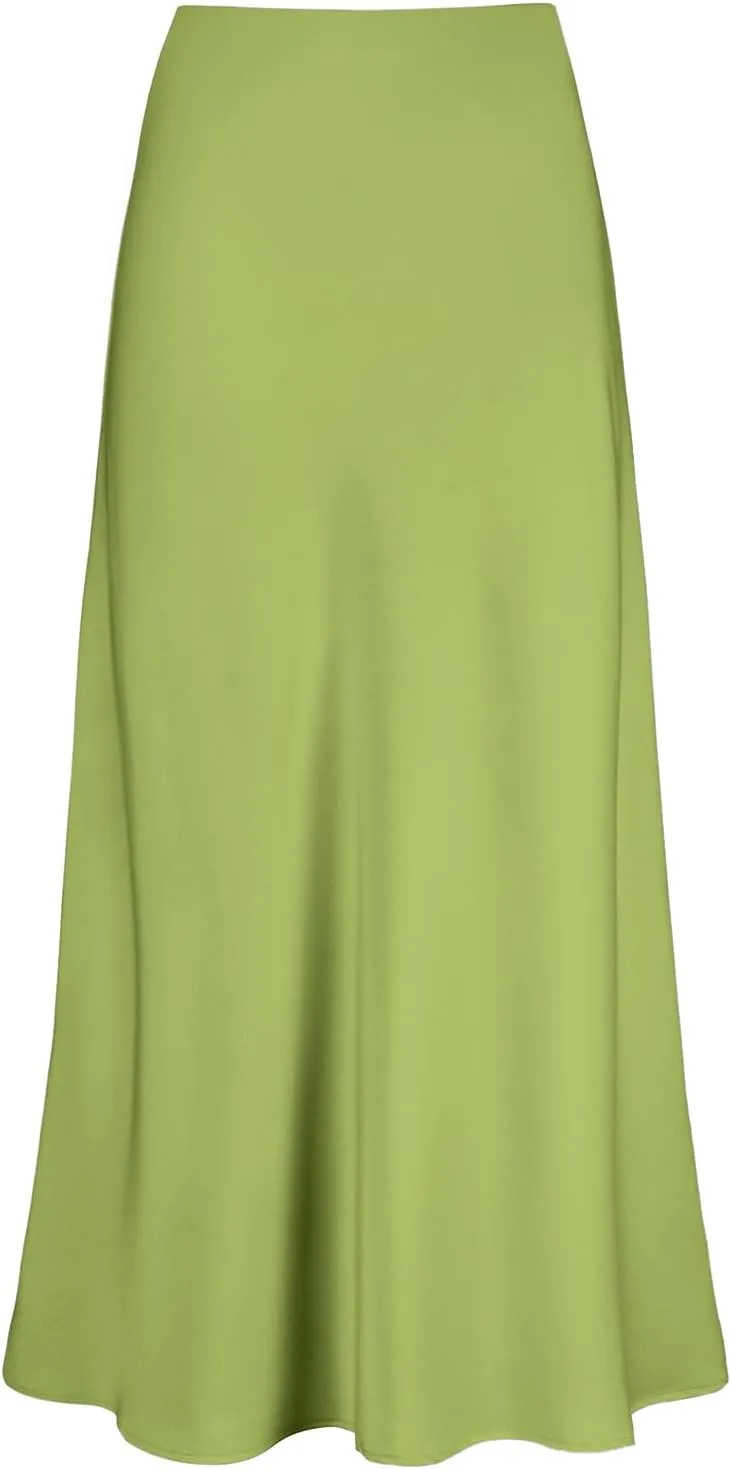 Women's Satin High Waisted Maxi Skirts Hidden Elasticized Waistband A Line Long Skirt