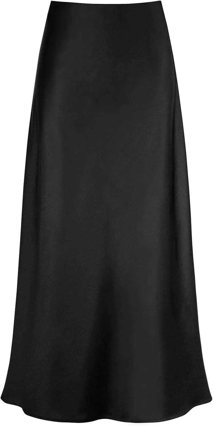 Women's Satin High Waisted Maxi Skirts Hidden Elasticized Waistband A Line Long Skirt