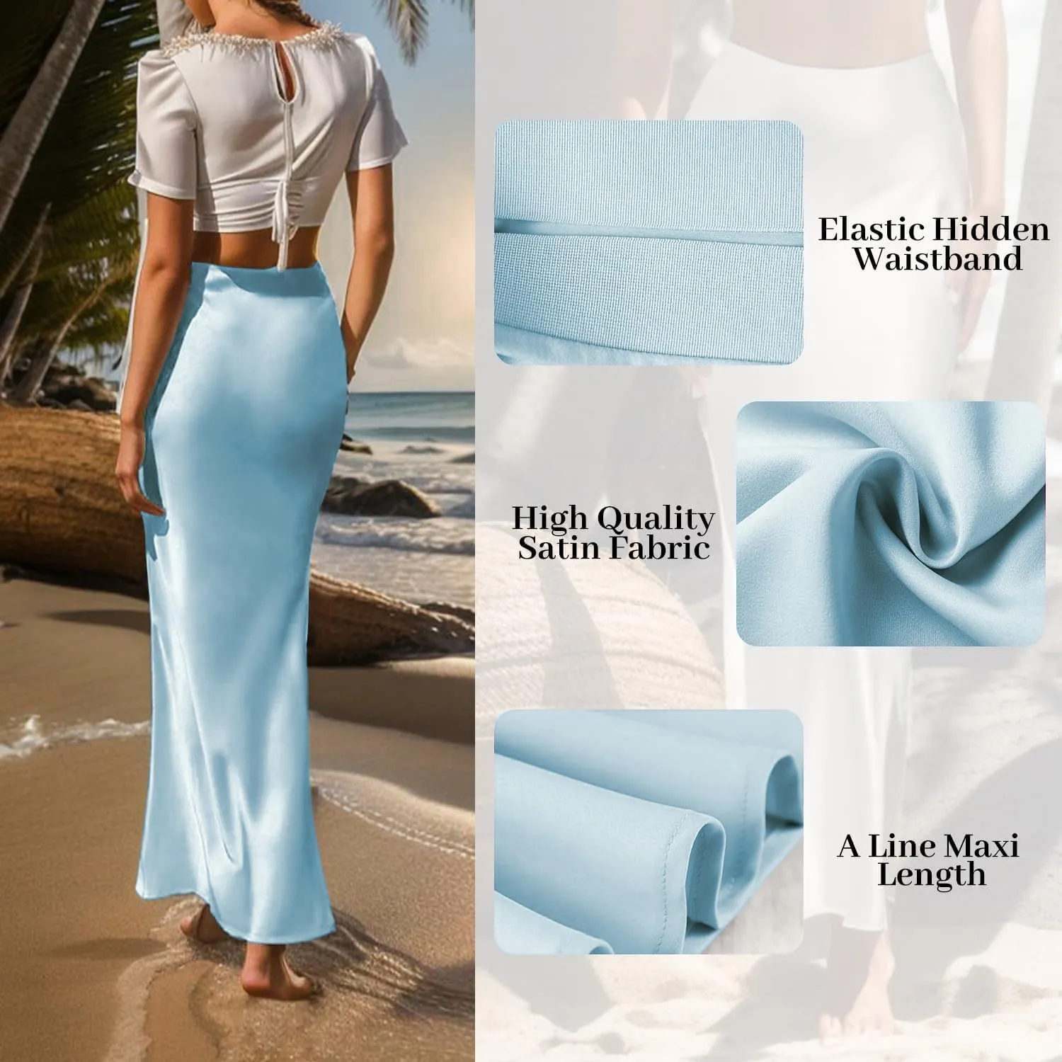 Women's Satin High Waisted Maxi Skirts Hidden Elasticized Waistband A Line Long Skirt