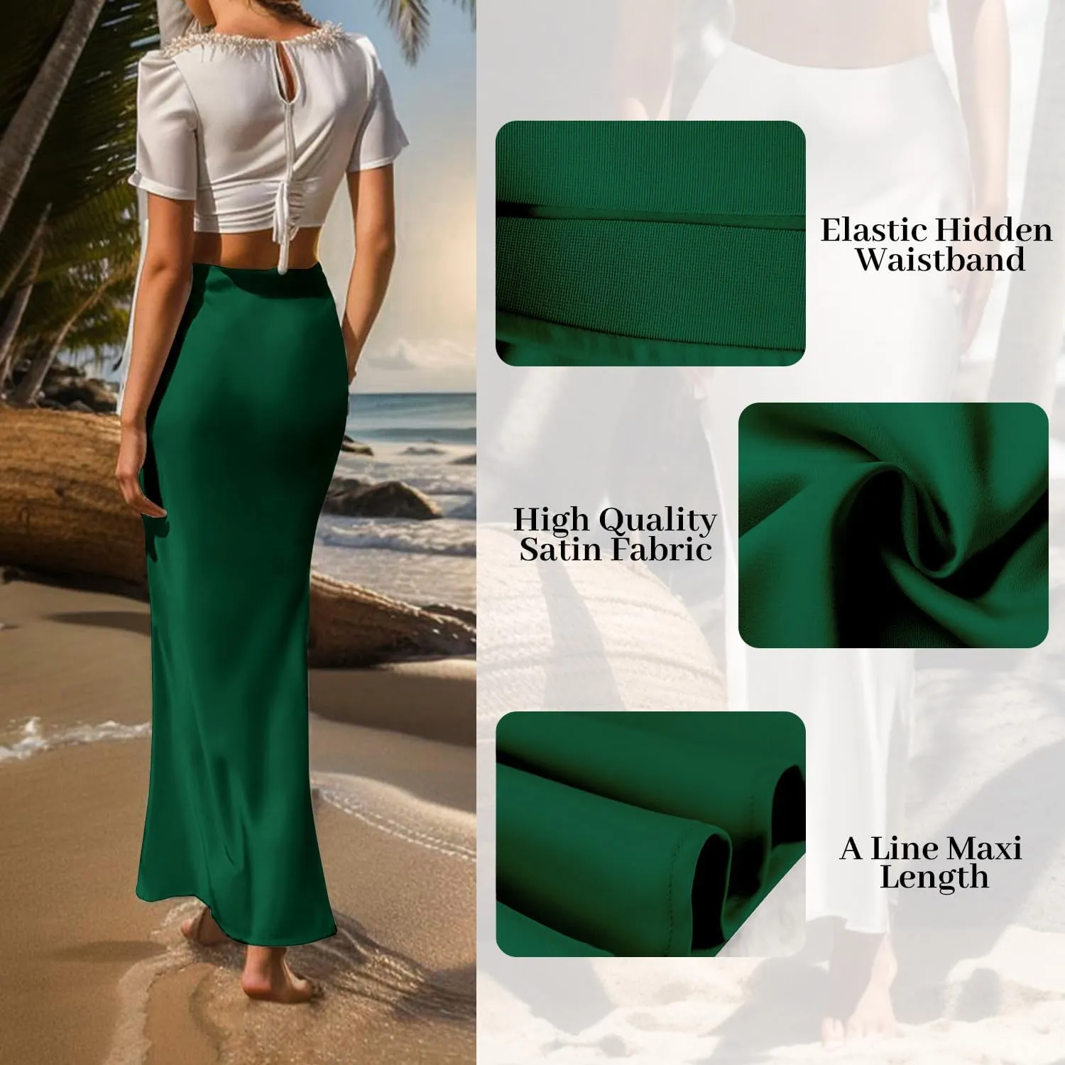 Women's Satin High Waisted Maxi Skirts Hidden Elasticized Waistband A Line Long Skirt