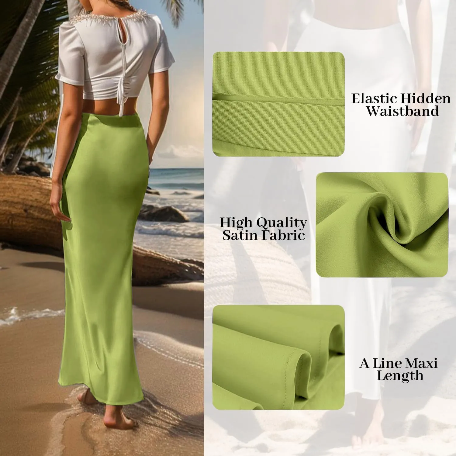 Women's Satin High Waisted Maxi Skirts Hidden Elasticized Waistband A Line Long Skirt
