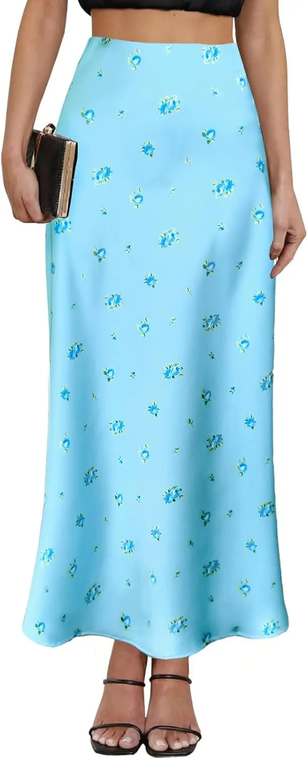 Women's Satin High Waisted Maxi Skirts Hidden Elasticized Waistband A Line Long Skirt