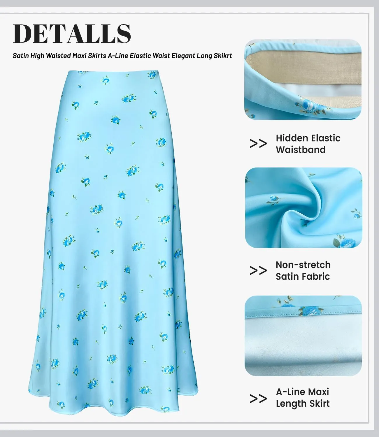 Women's Satin High Waisted Maxi Skirts Hidden Elasticized Waistband A Line Long Skirt