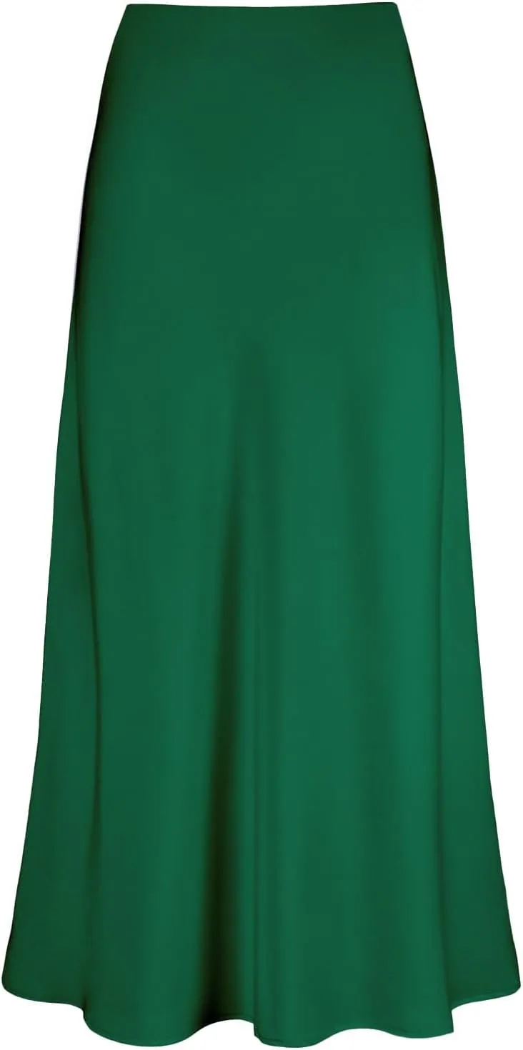 Women's Satin High Waisted Maxi Skirts Hidden Elasticized Waistband A Line Long Skirt