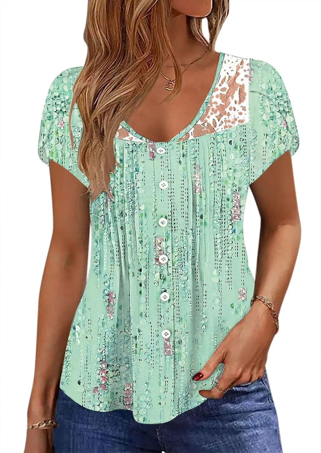 Womens Summer Tops Trendy Lace Trim V Neck Tunic Shirts Casual Petal Sleeve Pleated Front Button Blouses