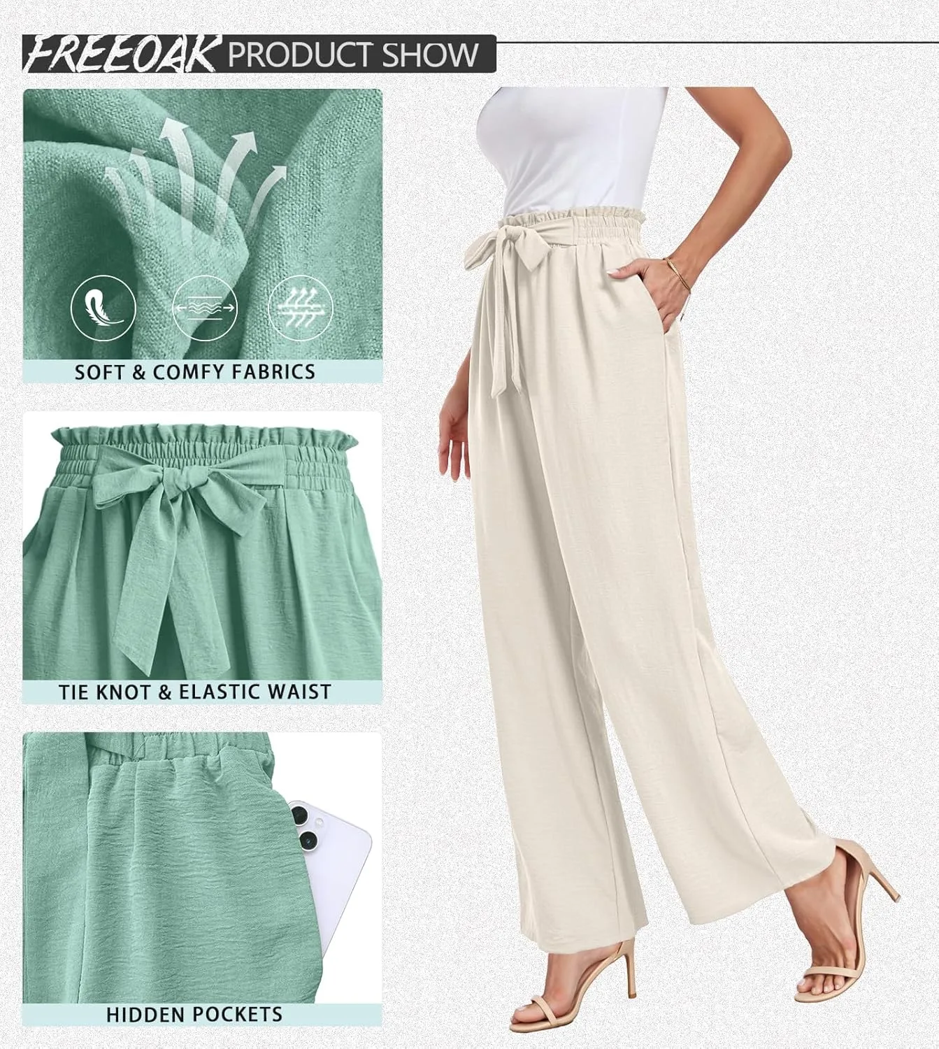 Womens Wide Leg Pants High Waist Flowy Adjustable Knot Loose Trousers Casuals Lounge Business Pants with Pockets