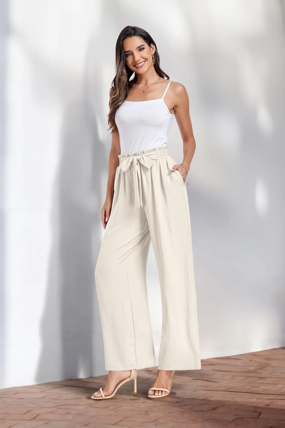 Womens Wide Leg Pants High Waist Flowy Adjustable Knot Loose Trousers Casuals Lounge Business Pants with Pockets
