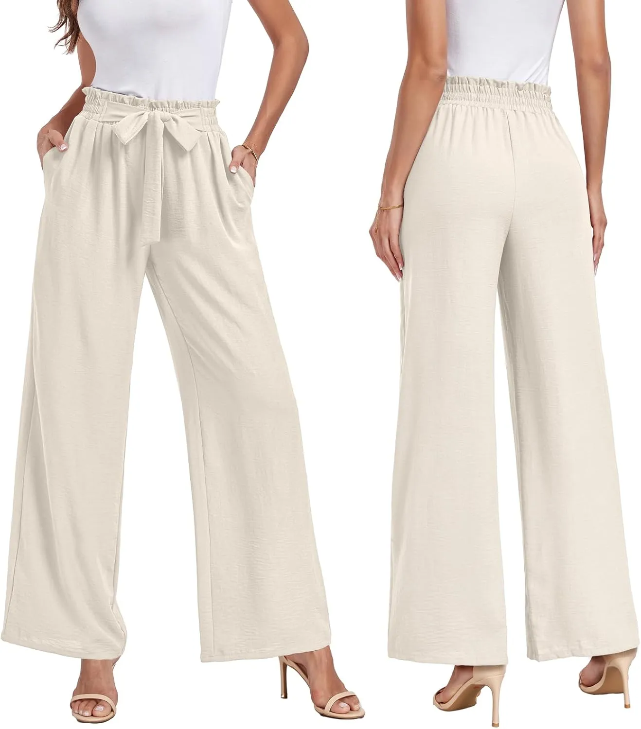 Womens Wide Leg Pants High Waist Flowy Adjustable Knot Loose Trousers Casuals Lounge Business Pants with Pockets